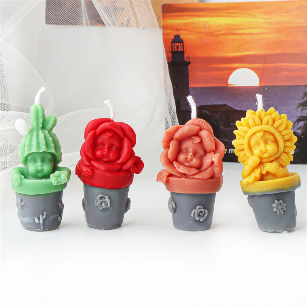 Mini Flower Angel Candle Mold DIY Angel Baby Scented Candle Plaster Art Pot Plant Cactus Rose Peony Sunflower Rose Candle Mold