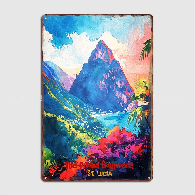 Póster Retro de Metal con Diseño de los Pitones Soufriere, Decoración de Pared para Garaje, Club, Habitación Interior, Decoración Personalizada de Estaño para el Hogar