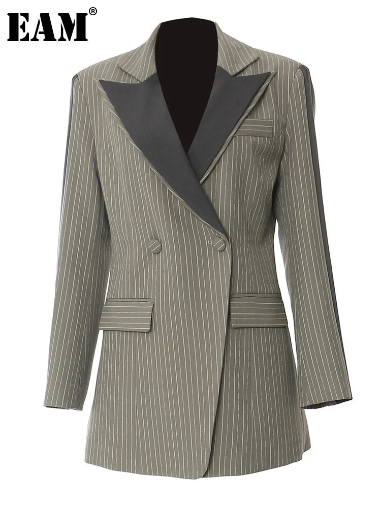 [EAM] Women Green Striped Color-block Elegant Blazer New Lapel Long Sleeve Jacket Fashion Tide Spring Autumn 2024 1DH6394