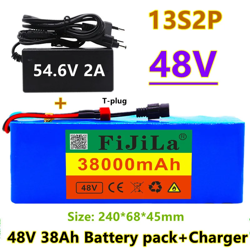 Bateria para bicicleta elétrica e bicicleta elétrica, 48v, 38ah, 13s2p, 18650 w, 1000 v, 54.6 mah, com carregador t-plug