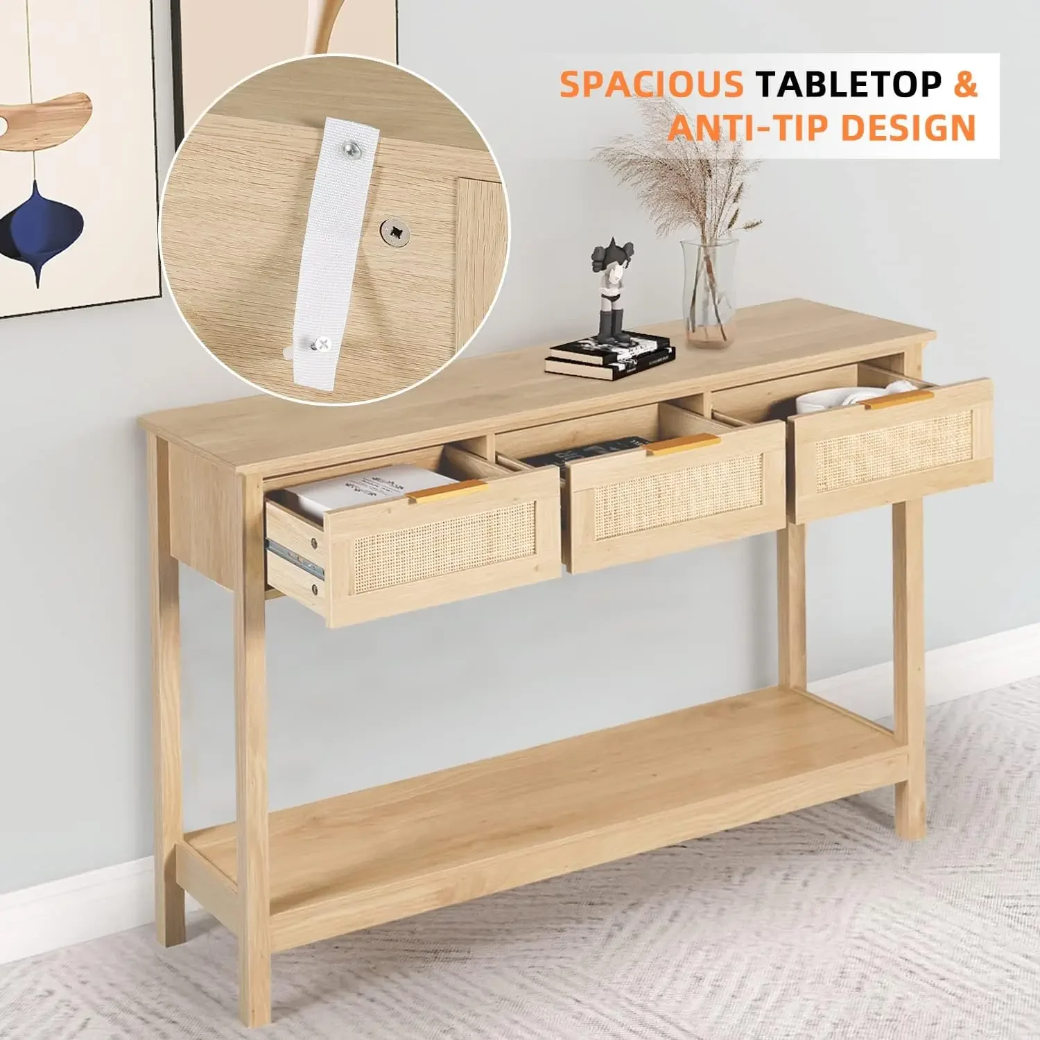 Rattan Console Table Entryway Table Narrow Long Sofa Hallway Foyer Table Behind Couch with 3 Drawers