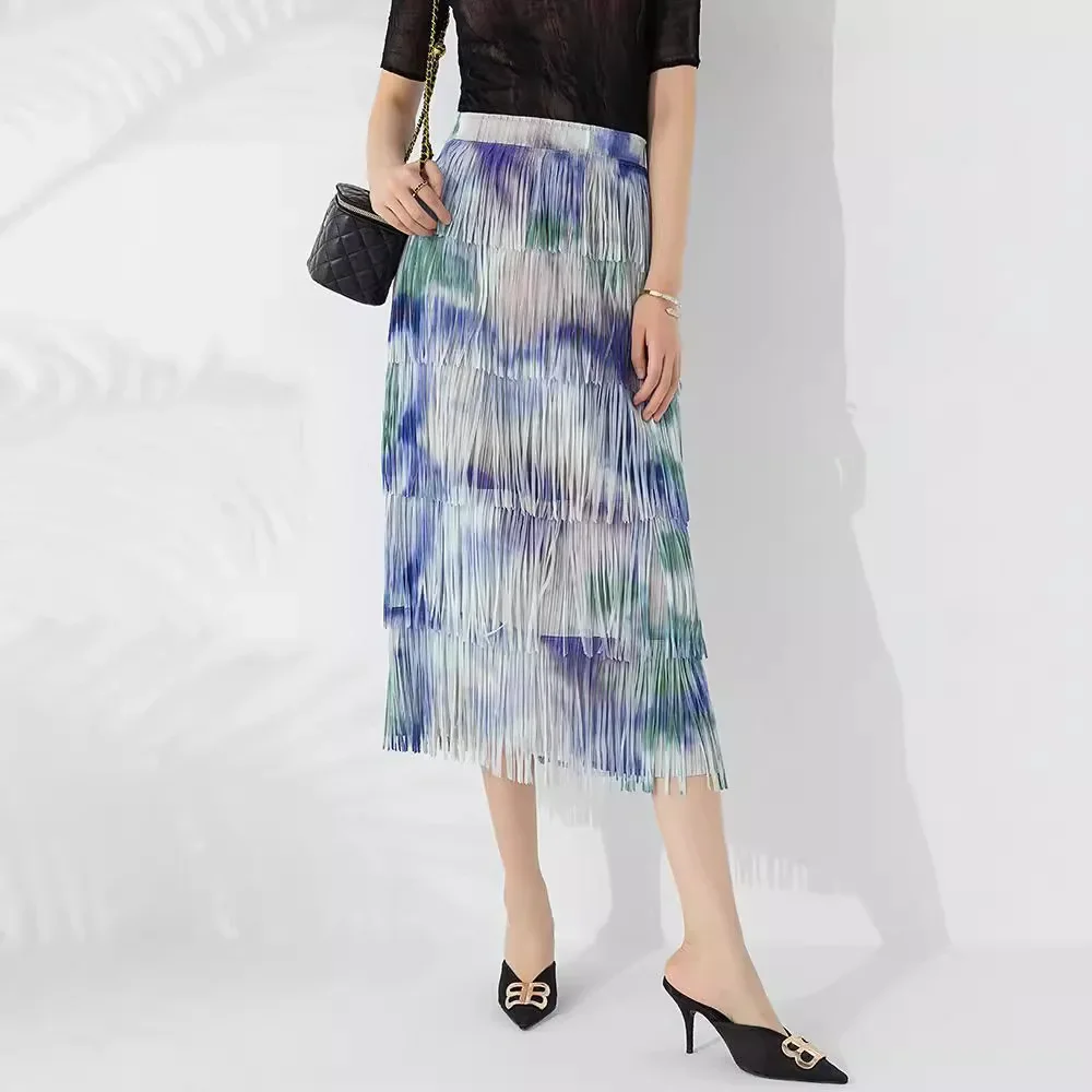 Miyake Pleated Temperament Sweet Retro Print Autumn New Fashion Women's Mid-length Versatile Age-reducing Tassel Skirt