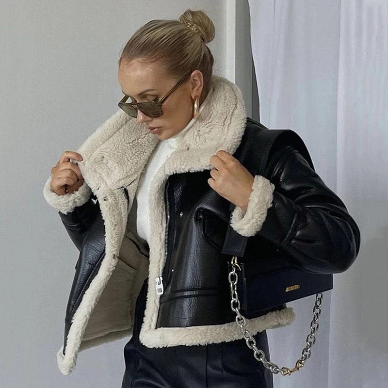 Imagem -03 - Jaqueta Grossa de Shearling Quente para Mulheres Forro de Pele de Cordeiro Falso Cabolsa Punk Moda de Rua Cabolsa para Meninas Jaqueta Inverno 2023