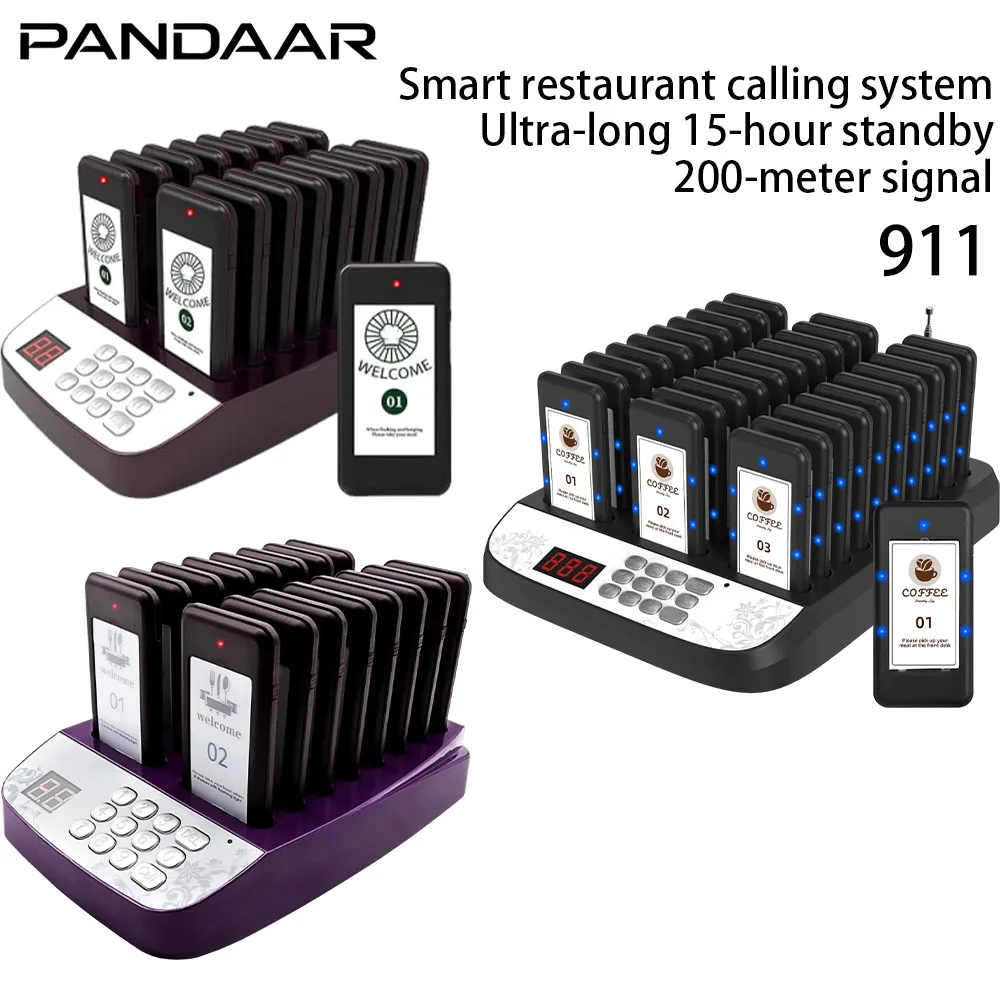 PANDAAR Smart Restaurant Paging System,911 1To16/30Pcs Pager,15-Hour Long Standby,200m Signal Range,Suitable For Food Truck,Cafe