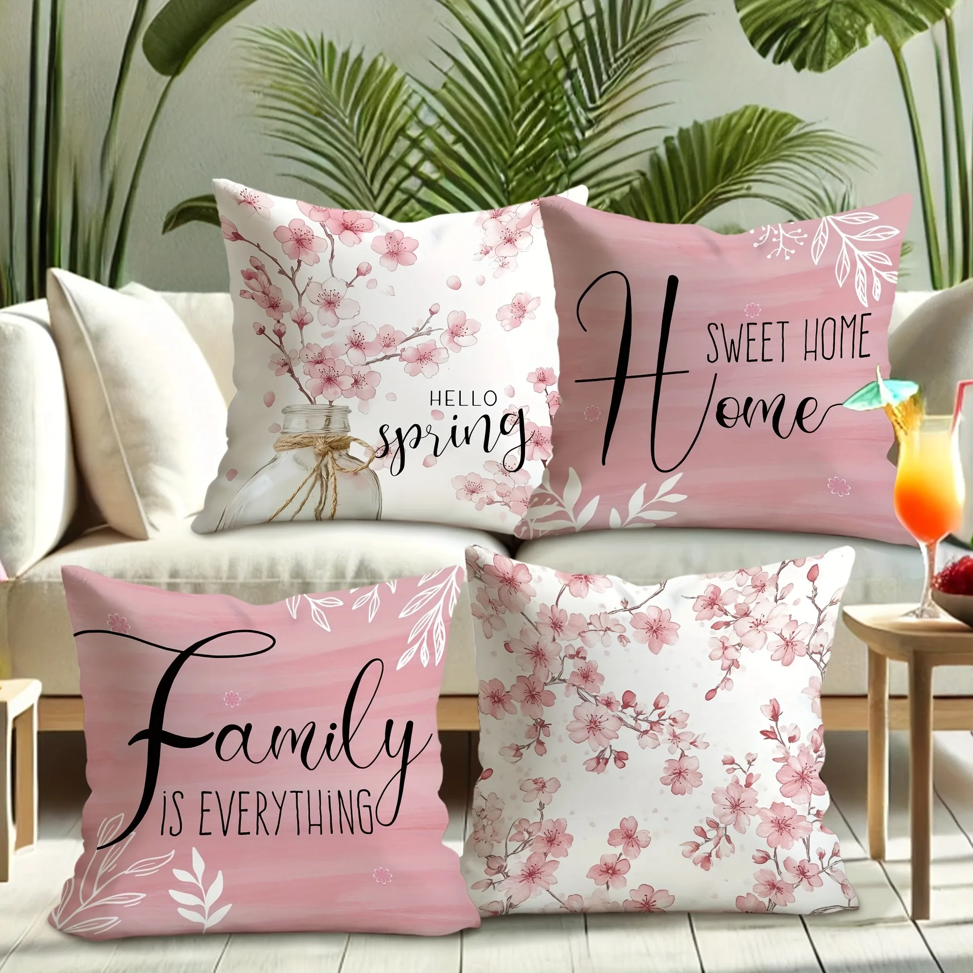 Blooming love pillow cover: cherry blossoms are romantic, warm home and family heart-warming words, sofa cushion cover