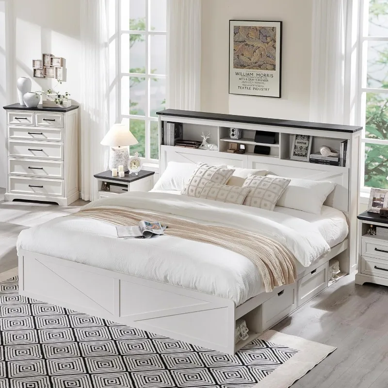 

Деревянный каркас кровати размера «king-size» с высоким изголовьем для хранения вещей 52 дюйма и 4 ящиками, светодиодной подсветкой, зарядной станцией, планками из цельного дерева