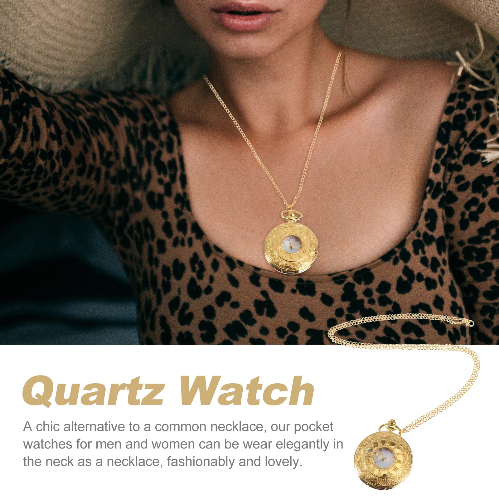 

Quartz Pocket Watch Vintage Round Pattern Golden Pendant Chain Necklace Chic Gift for Family Friends