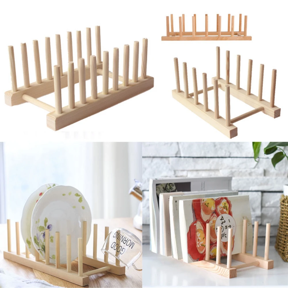 Wooden Kitchen Dish Drain Rack Dinnerware Storage Organizer Tray Plate Cup Drying Shelf Drainer Holders Table Book Display Stand