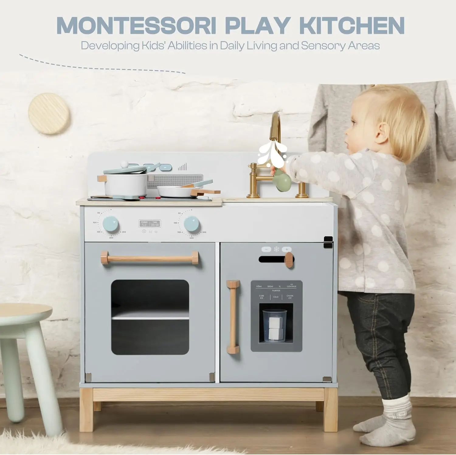 Robtiendra me-Ensemble de jeu de cuisine en bois pour enfants, lumières réelles, sons, distributeur de glaçons, jouet bleu, cuisine pour 3 ans et plus