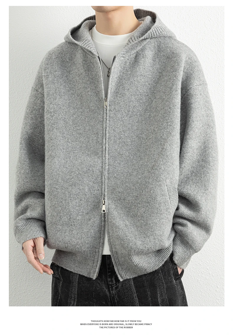 Legible Autumn Winter Casual Sweaters Men Solid Color Hooded Sweatercoats Male Loose Zip-up Knitted Cardigan Man
