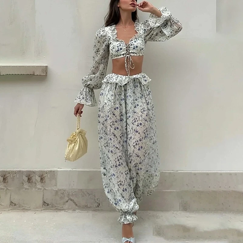 

Elegant Lady Loose Chiffon Commute Sets Summer New High Waist Pants Set Sexy V-neck Lace Up Printed Crop Tops&Lantern Pants Sets