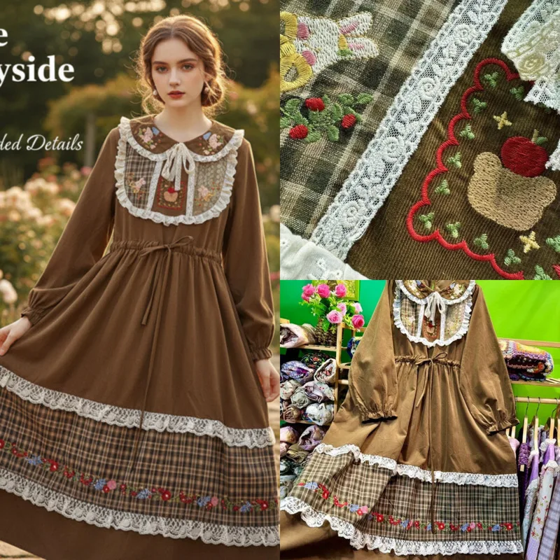 

Brown Midi Dresses Y2K Corduroy Doll Collar Dresses Autumn Winter Long Sleeve Waist Loose Plus A-Line Dresses Mini Dresses New