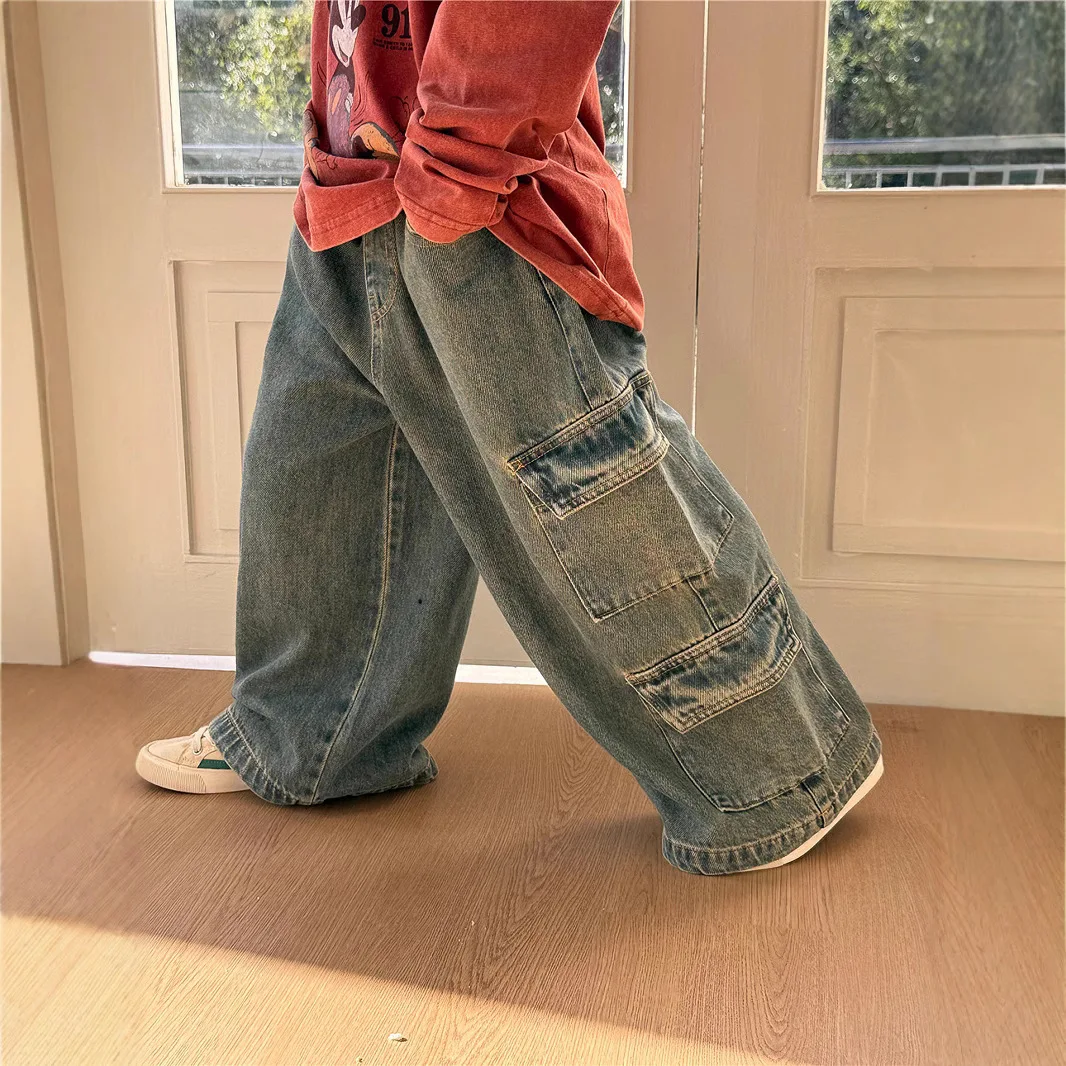 

2025 Spring New Korean Style Boys' Fashion Versatile Loose Pants with Multiple Pockets Workwear Jeans