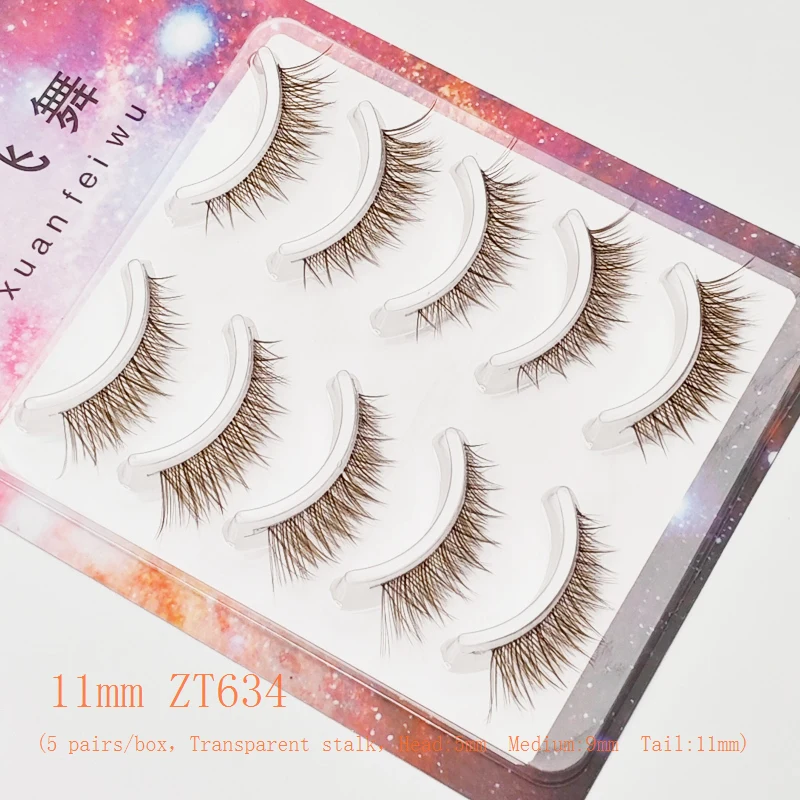 Xuanfeiwu bruine karamelkleurige wimpers met transparante steel, eendelige diagonale vliegende vos-stijl Cat Eye realistische natuurlijke valse wimpers, kort aan de voorkant en lang aan de achterkant, zelf-enten lijmwimpers