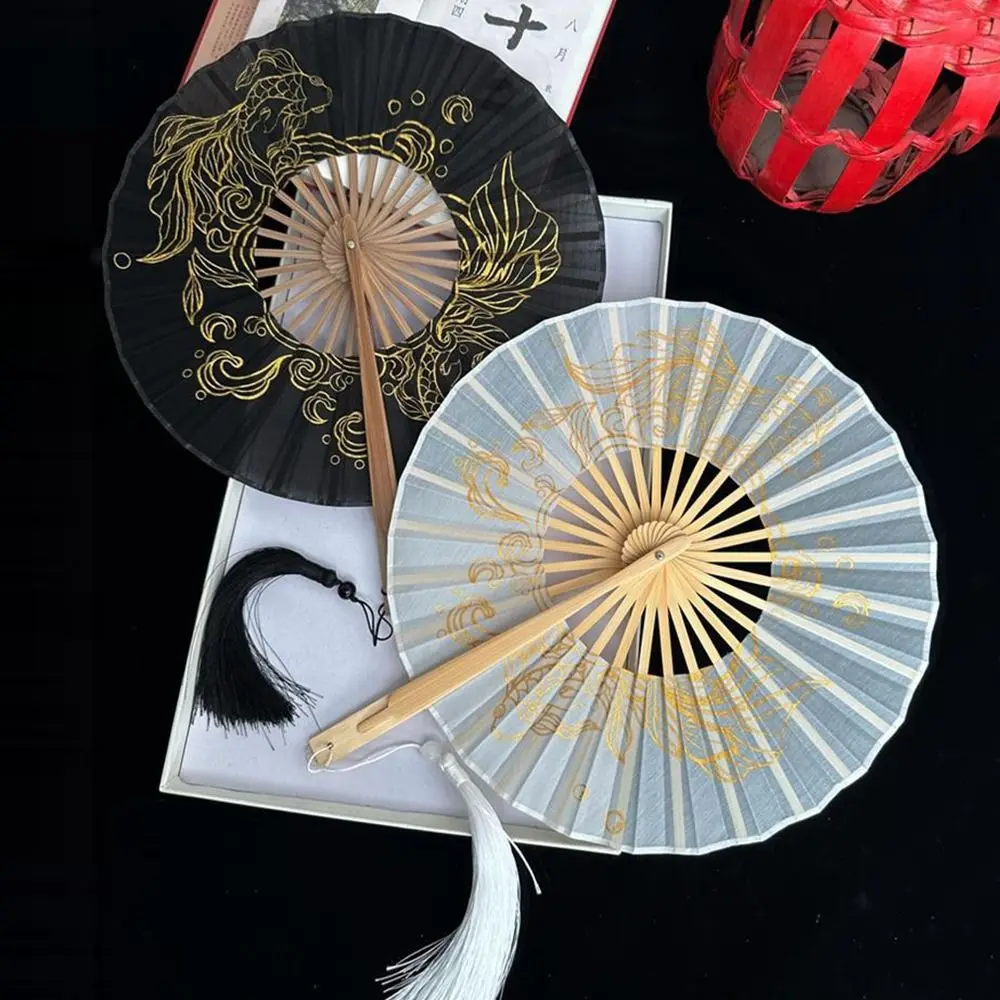 

Vintage Handmade Round Bamboo Fan Portable Handheld Collapsible Hand Fan Tassel Lightweight Dance Fan Women