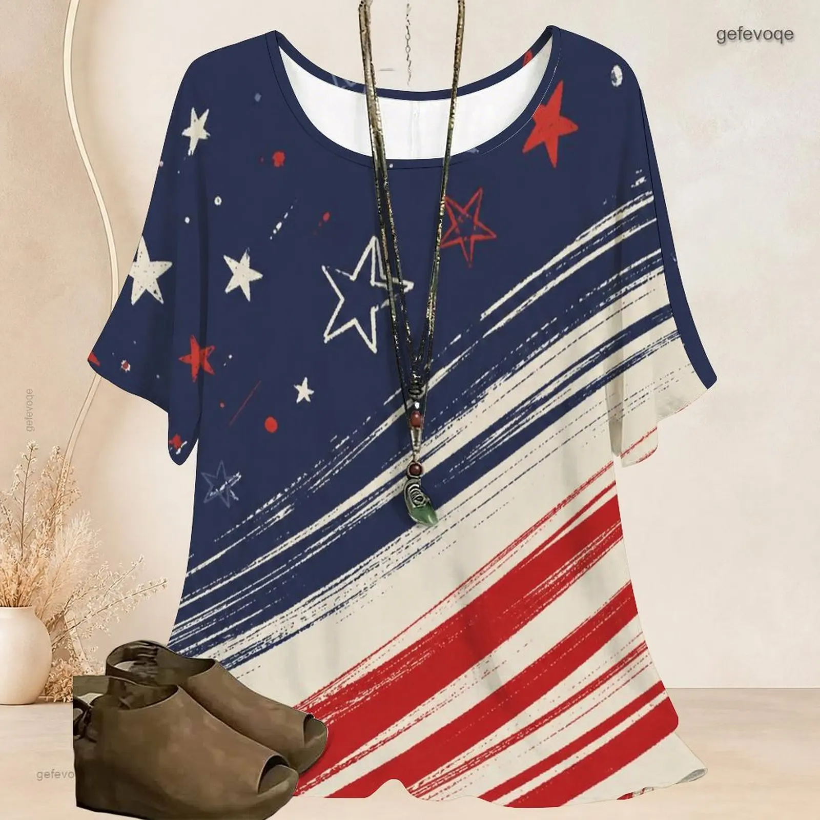 Women Round Neck Batwing Short Sleeve T Shirt Loose Oversized Tunic Top Curved Hem Casual Vintage Blouse Custom Print Ladies - view 3