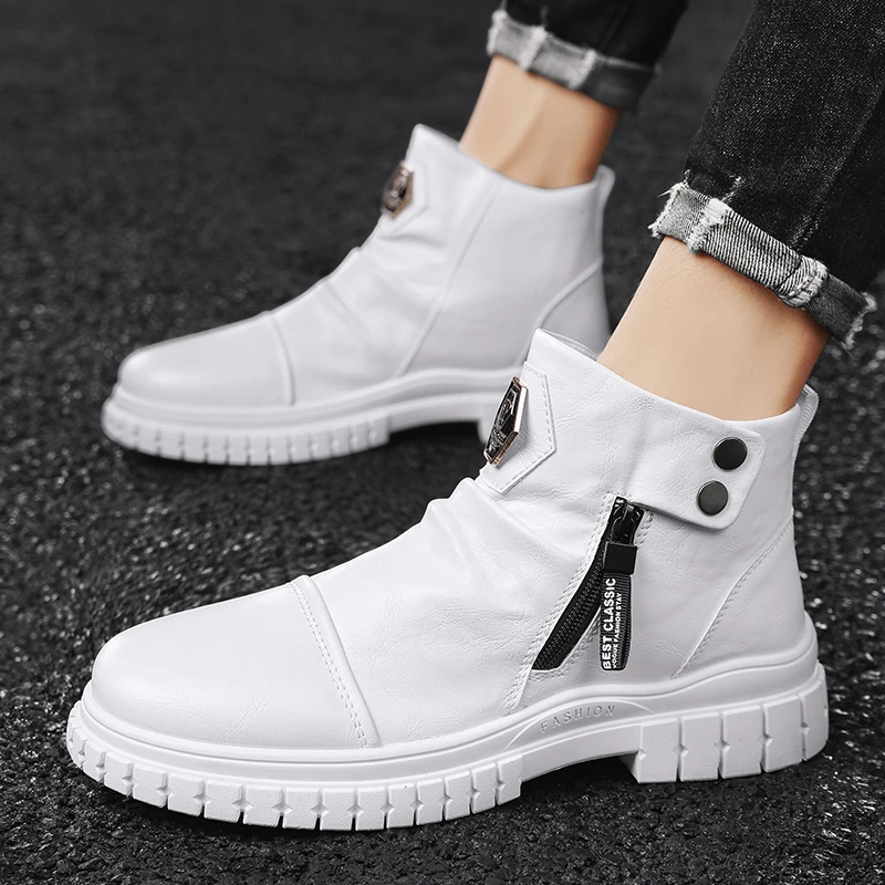 

Leather White Shoes Men Chelsea Boots White Vintage Boots for Men Casual Comfort Male Business Shoes Motorcycle Sports Man Shoes