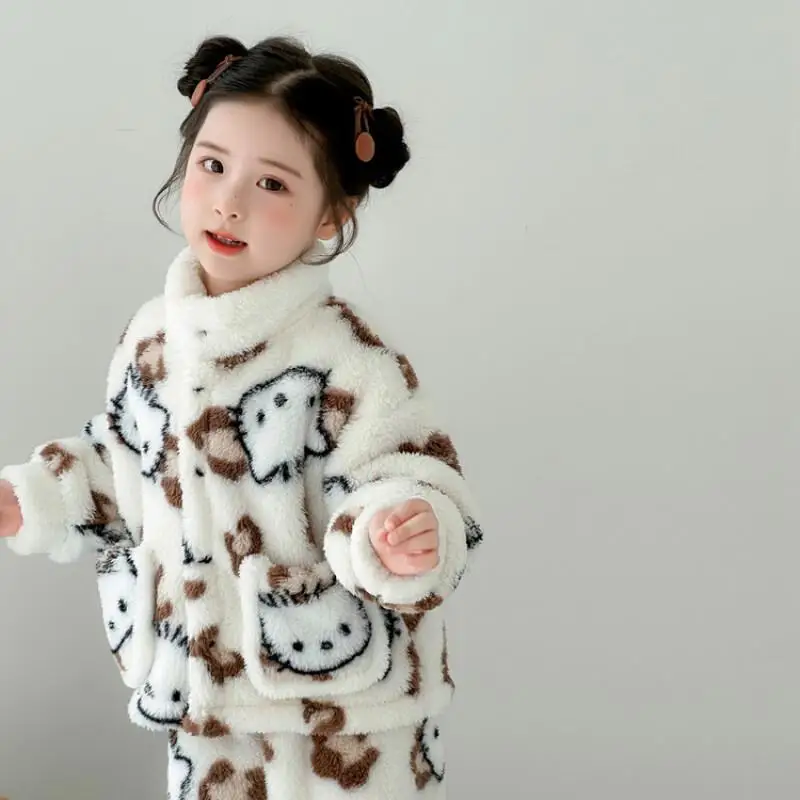 

Sanrio Hello Kitty Pajamas Set Kids Leopard Print Cardigan Kawaii Y2K Anime Children's Clothing Autumn Winter Girls Warm Clothes