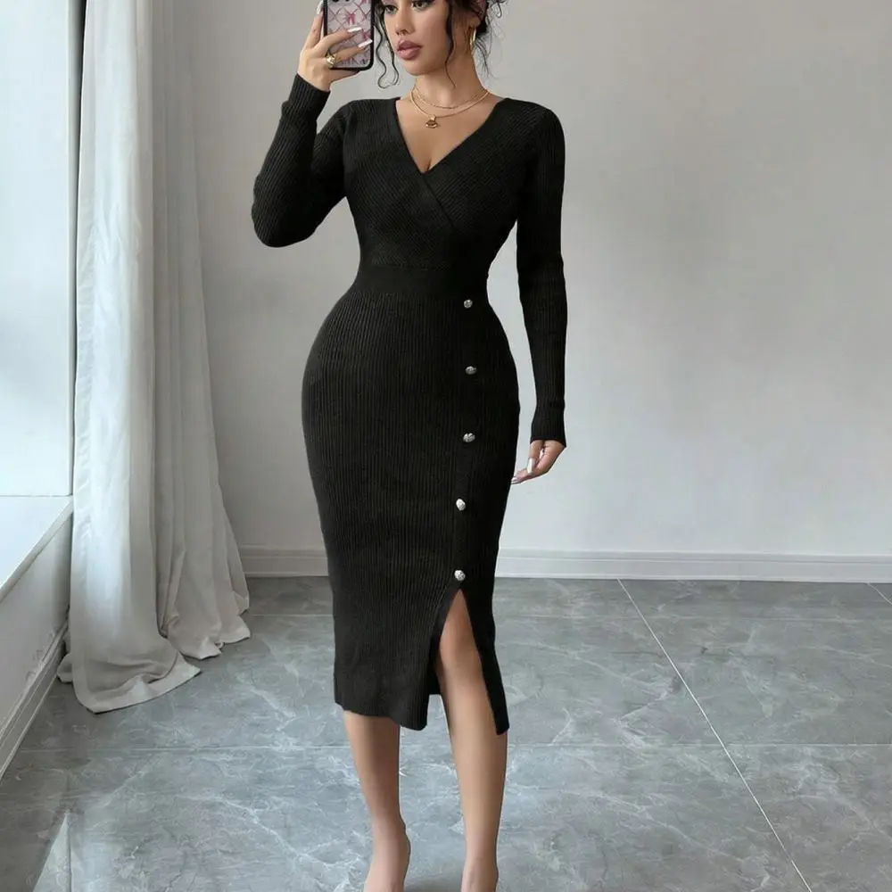 Autumn Winter Womens Knit Dress French Style Slim Bodycon V Neck Long Sleeve High Waist Casual Office Commuter Dresses