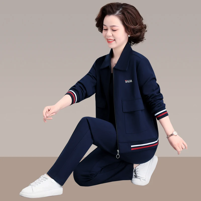 

Модный спортивный костюм для женщин среднего возраста: осенне-весенний комплект из топа с воротником и куртки, большие размеры