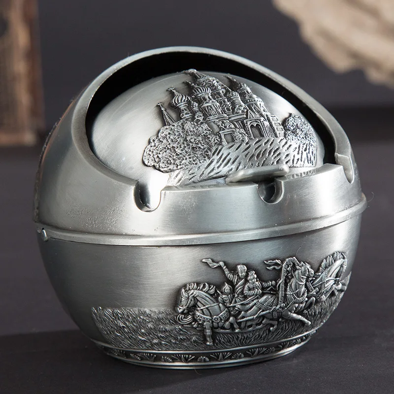 7.5X7.5 CM Russian Antique Pewter Retro Castle Vehicle Cigar Ashtray with Lid Small Spherica Ash Tray Weed Smoking Accessories