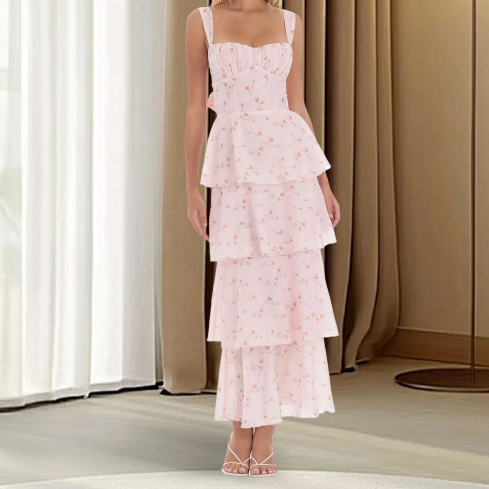 Robe longue d'été pour femmes, nouvelle mode, sans manches, dos ouvert, imprimé floral, robe de plage à plusieurs niveaux, offre spéciale S M L