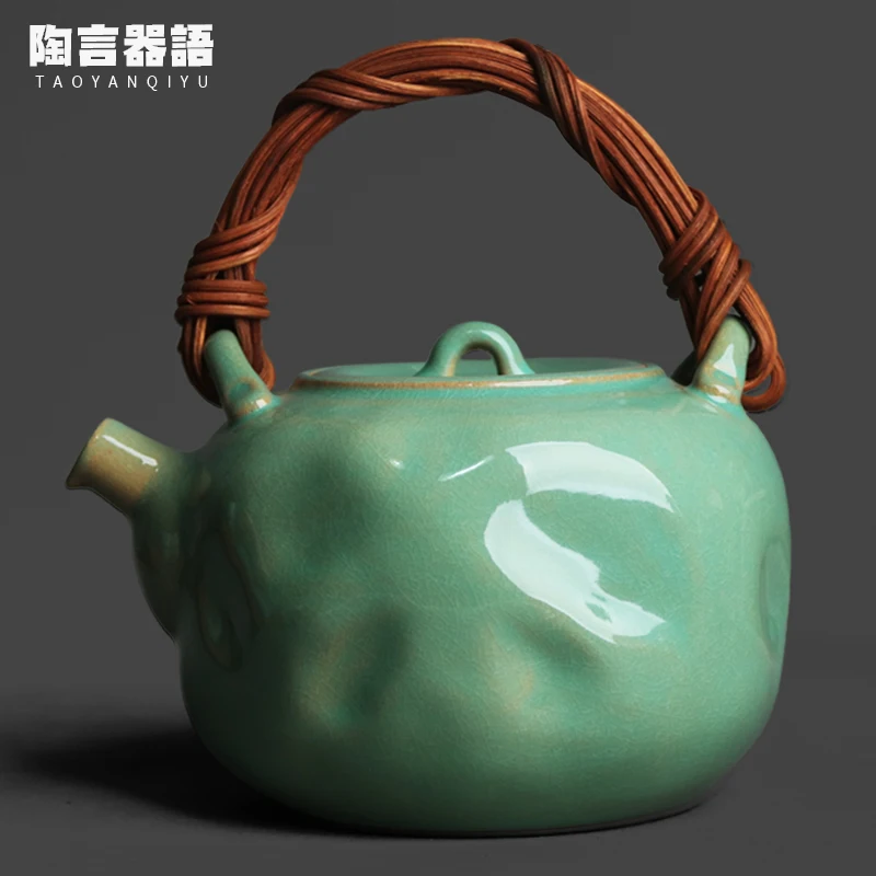 Fruit green soda glaze handle hammered teapot with crackle design for ceramic stoves, charcoal and ceramic electric kettles