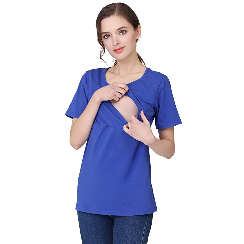 Mommy Nursing Dress Maternity Tops Breastfeeding Clothes Short Sleeve Cotton Blend Nursing Shirt Lactation Blouse Big Size S-XXL