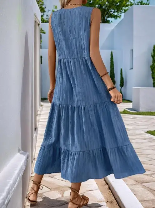 

Women's Dress Fashion Spring Latest Hot Selling Leisure Vacation Long Dress 2025 Summer New Solid Color V-Neck Textured Dress