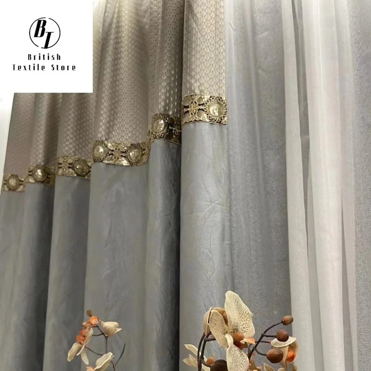 

European Fashion Jacquard Leaf Blackout Splicing Luxury Curtains for Living Room Bedroom Dining Window Tulle Embroidered Lace