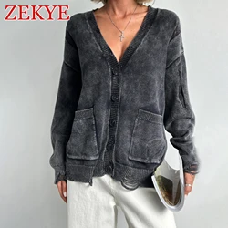 Zekye Vintage Ragged Cardigan Sweater Women 2024 Fall Clothes Winter Y2K Pockets Black Sweater Knitted Oversized V Neck Coquette