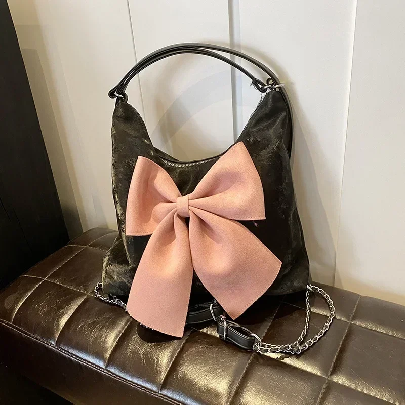 Bolso de hombro con lazo grande para mujer, mochila elegante de PU suave Kawaii de gran capacidad, estilo Ins, a la moda