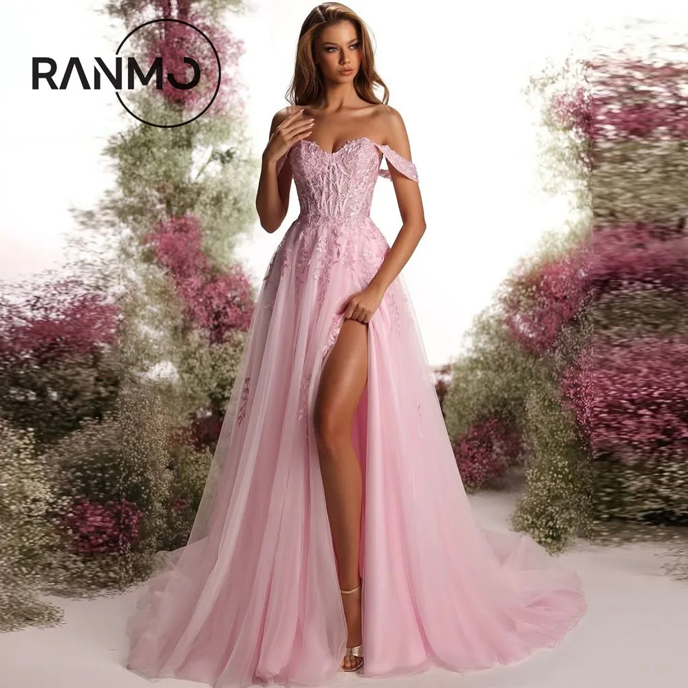 Ranmo Elegant Pink Evening Gown Dress Off the Shoulder Applique Lace Tulle Customsied 2025 Prom Dress فساتين سهرات