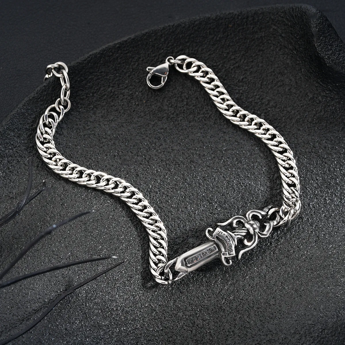 Vintage Sword Bracelet for Men Stainless Steel Charm Cuban Link Chain Gothic Punk Bangle Cool Hip Hop Jewelry Party Gift view 4