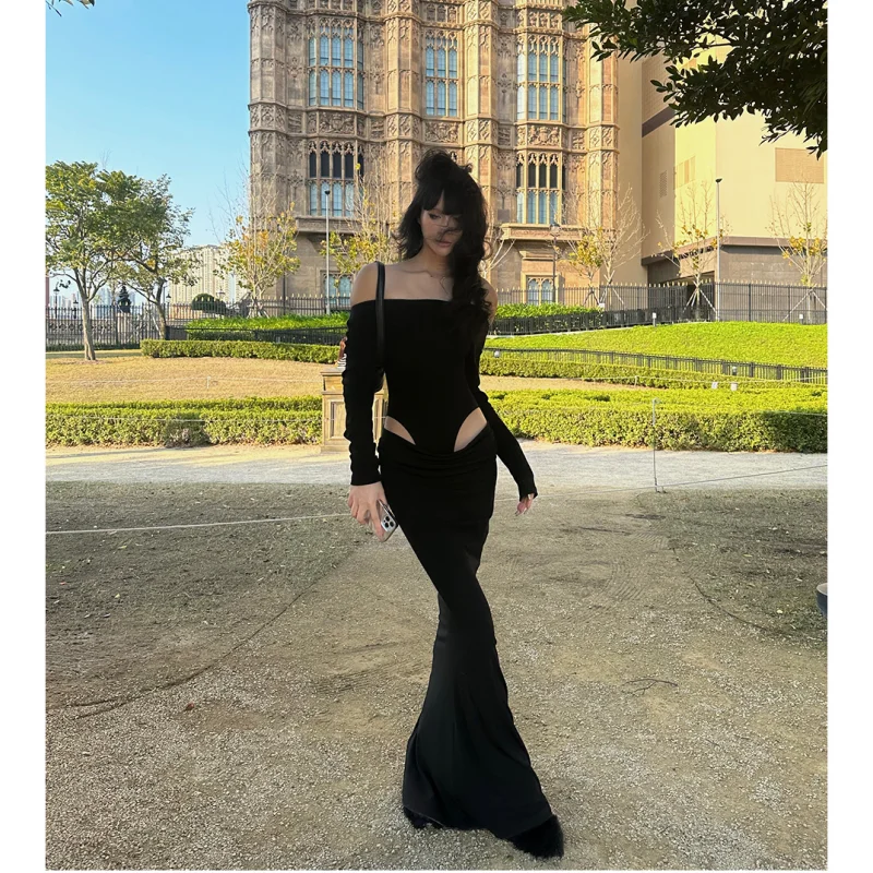 2023 Summer Womens Black Sexy Dress Strapless Hollow Out Europe and America Fashion Luxury Spicy Girl Female NEW Long Dress