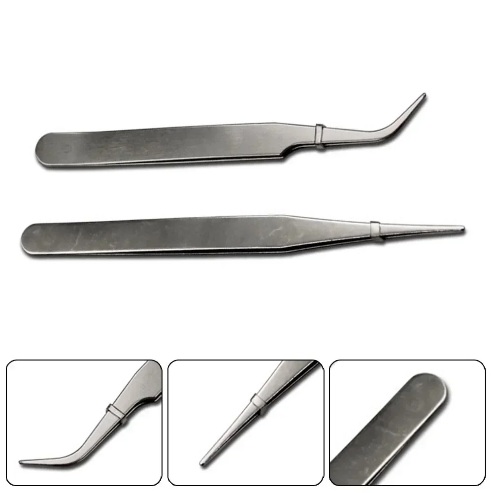 2pcs Stainless Steel Mini Tweezers Anti-magnetic Curved Straight Tip Tweezers For Picking Up Small Parts Dismantling Repair Tool