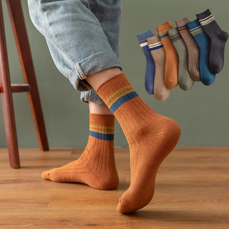 Men's Striped Cotton Socks Spring Fashion Casual Socks High Quality Harajuku Retro Socks Man Calcetines Hombre Meias Masculina