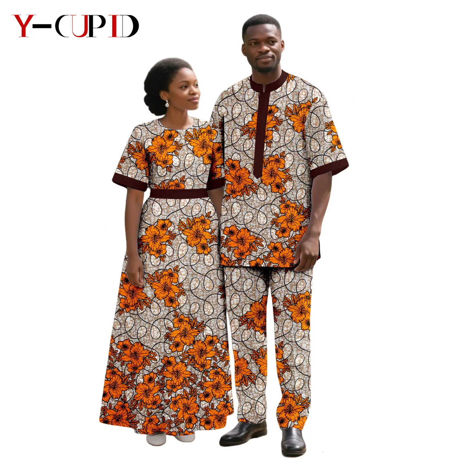 

Элегантные длинные платья с африканским принтом для женщин, одинаковые мужские комплекты одежды, топ и брюки, Bazin Riche, африканская одежда для пар 25C088