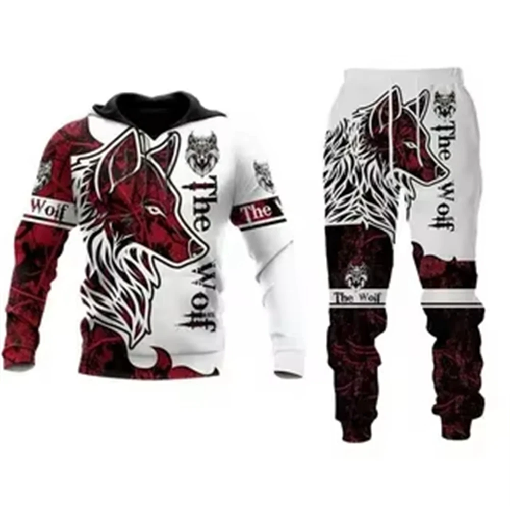 Felpe con cappuccio con stampa lupo animale 3D set felpe pantaloni set abbigliamento casual da uomo felpa con cappuccio oversize tuta da uomo primaverile e autunnale