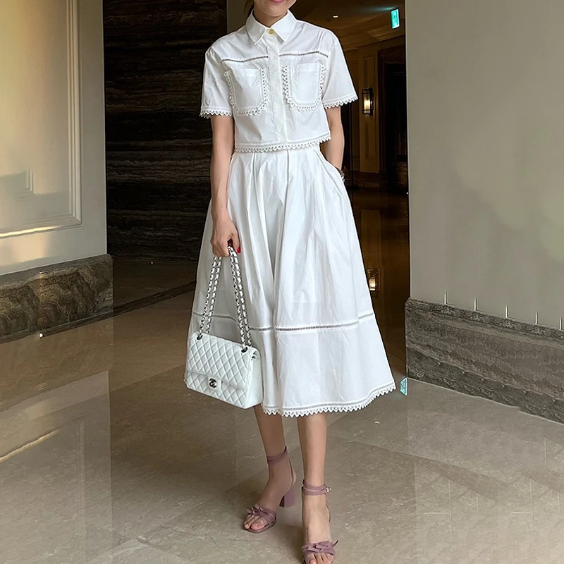 

Модный комплект макси-юбки с высокой талией, женский комплект ort Sve Embellied irt, кружевной летний наряд из смеси хлопка