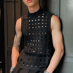 INCERUN Men Tank Tops Hollow Out Solid Color Turtleneck Sleeveless Casual Male Vests Sexy 2024 Streetwear Fashion Men Clothing