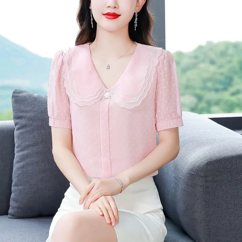 Women Summer Simplicity Fashion Loose Solid Color Peter Pan Collar Short Sleeve Chiffon Shirts Ladies Casual Appear Thin Tops