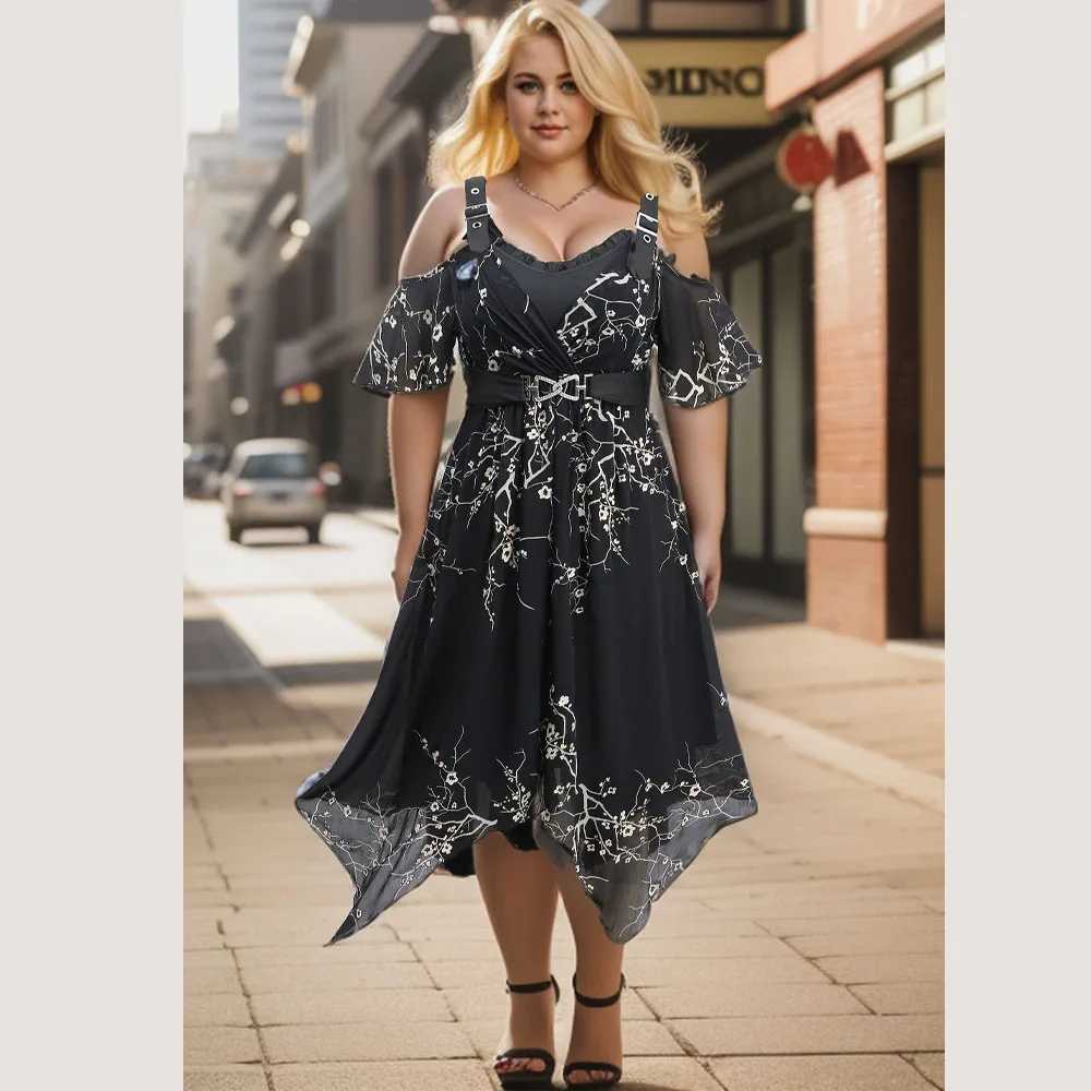 ​ ​ ​ ​ ROSEGAL New Plus Size Cold Shoulder Dress Black Flower Print Ruffles Asymmetrical Grommets Buckle Casual Long Dress Vestidos