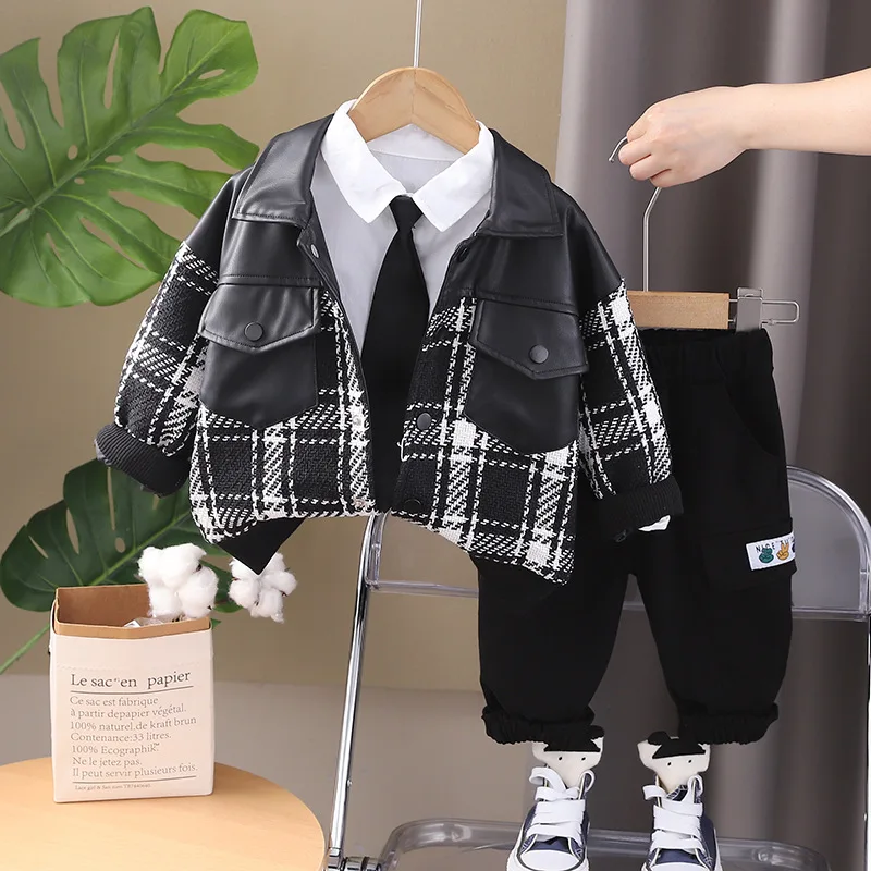 Boys\' Checkered Gentleman Set Spring and Autumn New Children\'s Fashion Leather Coat Spliced Long sleeved Coat Casual Two Piece S