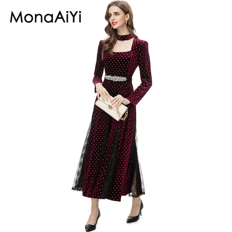 MonaAiYi-Robe rétro violette décontractée pour femme, col semi-ouvert, manches longues, ceinture à paillettes, créateur de mode, nouveau