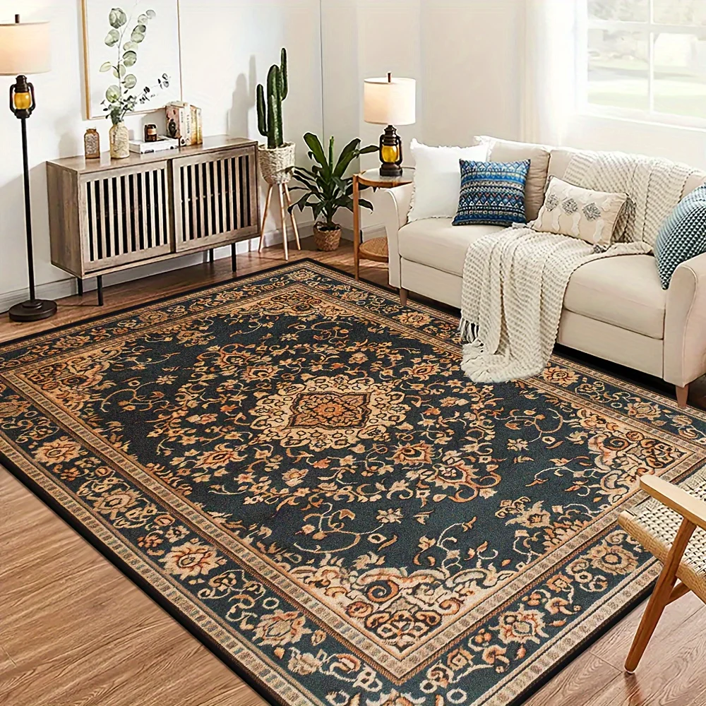 [2D Flat]Large Vintage-style Rug Featuring An Oriental Central Floral Medallion And Traditional Persian Floral Patterns; An Elegant Choice For Living Rooms, Bedrooms, And Fireplace Areas.