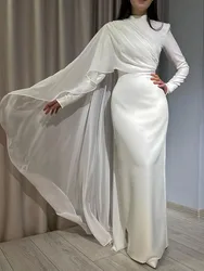 Ivory Wedding Guest Dress Column Long Sleeves Modest Formal Party Gowns for Women High Collar 30D Chiffon Ruffle Evening Dresses