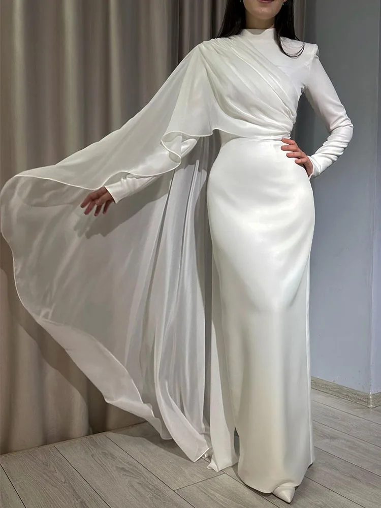 White Wedding Guest Dress Column Long Sleeves Modest Formal Party Gowns for Women High Collar 30D Chiffon Ruffle Evening Dresses