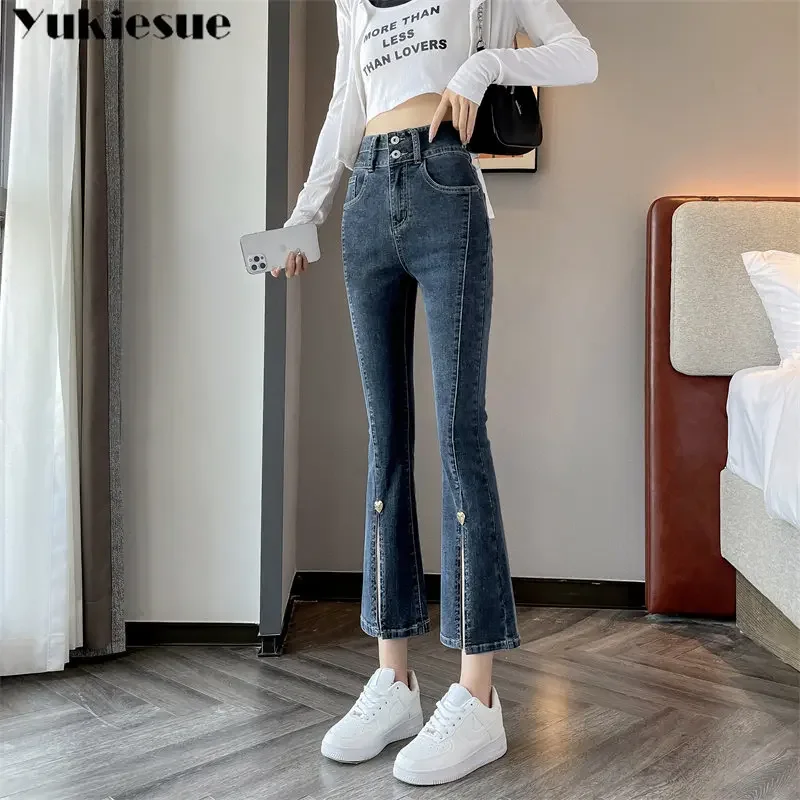 Korean Casual Slim Trendy Retro Stretchy Chic Ankle-Length Female Denim Jeans Women Front-Slit Spliced Flare Elegant Versatile