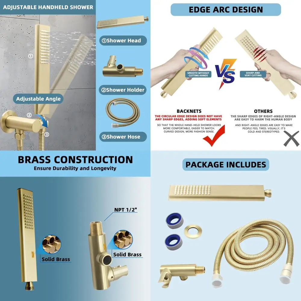 Arc-Shaped Solid Brass High-Pressure Hand Shower with Brushed Gold Finish, Adjustable Wall Connector, and 59 Stainless Steel Hos